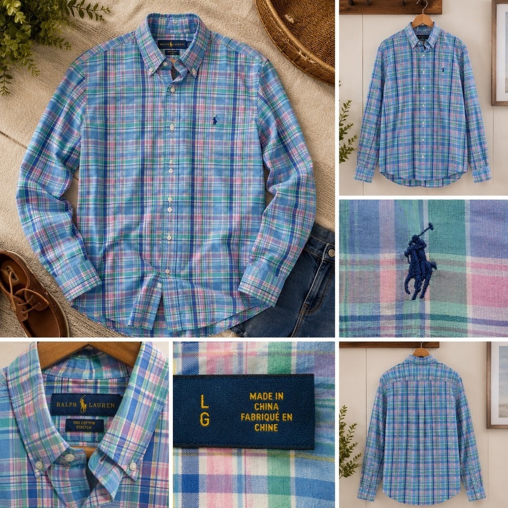 Polo Ralph Lauren Men's Blue Plaid Button Down Shirt Long Sleeve Cotton Size L